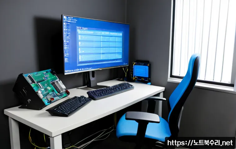 인의동 DRIVER_IRQL_NOT_LESS_OR_EQUAL - Photorealistic IT support workstation in a compact Seoul-style office, dual monitors showing a blank...