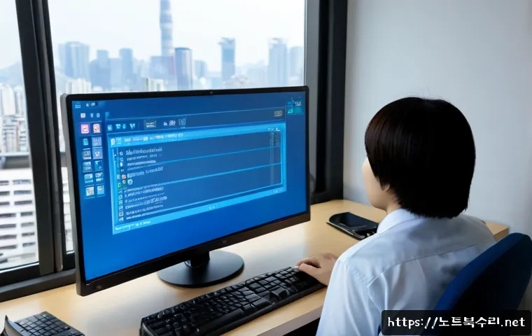 서소문동 CRITICAL_PROCESS_DIED - Photorealistic IT support workstation in a compact Seosomun-dong office, dual monitors showing a bla...