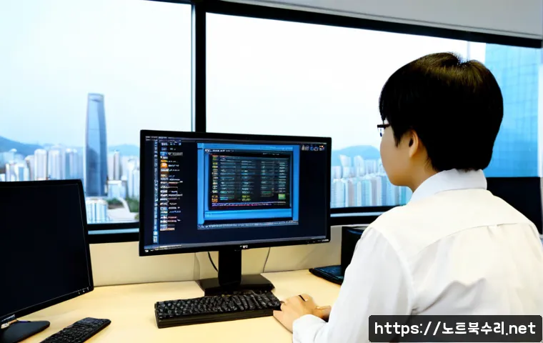 일산서구 STATUS_PAGEFILE_MISSING - Photorealistic IT support workstation in a modern Ilsanseo-gu office, dual monitors showing a blank ...