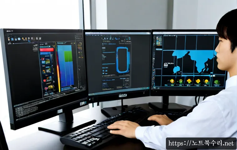 어둔동 STATUS_INVALID_PARAMETER - Photorealistic IT support workstation in a compact Korean apartment office, dual monitors showing a ...