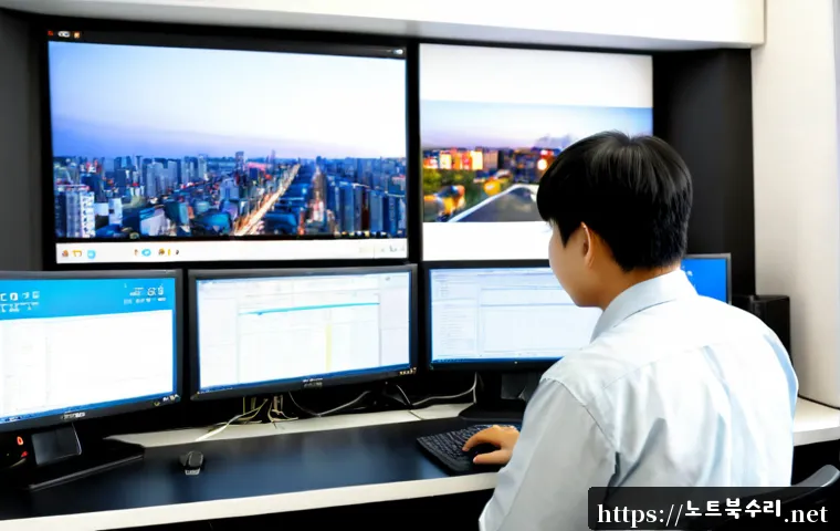 구포동 STATUS_UNSUCCESSFUL - Photorealistic remote support workstation in a compact Korean neighborhood office, dual monitors sho...
