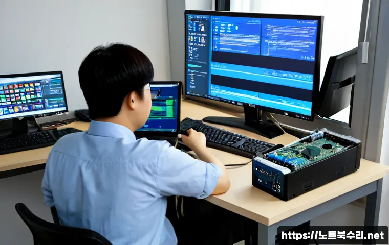 동숭동 KERNEL_SECURITY_CHECK_FAILURE - Photorealistic IT support workstation in a compact Daehangno-area studio office, desktop monitor sho...