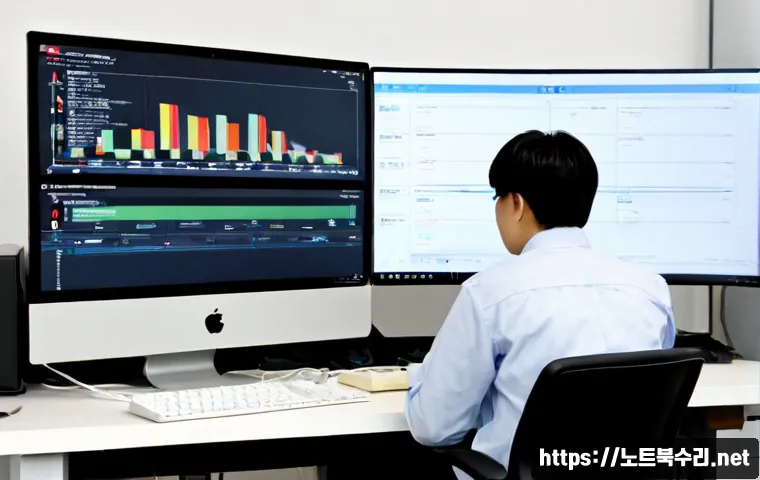 도기동 STATUS_PAGE_FAULT - Photorealistic IT support workstation in a compact office near Dogi-dong, dual monitors showing a cl...