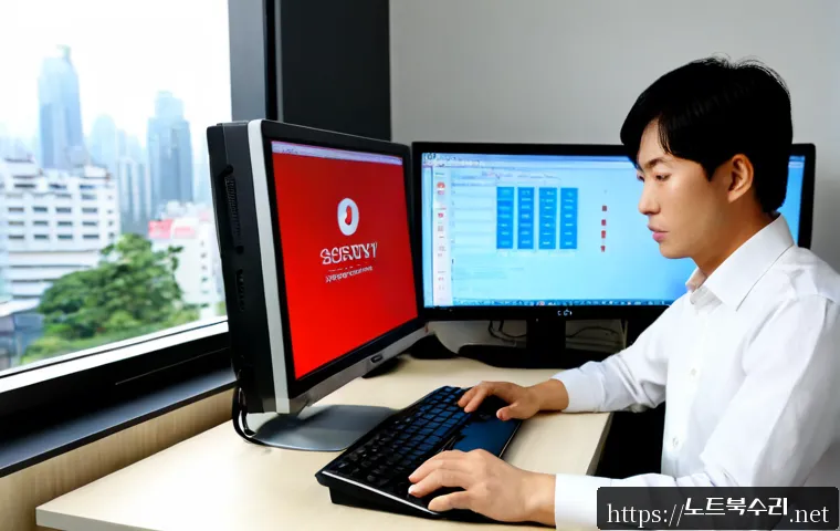 중원구 STATUS_KERNEL_PERMISSION_DENIED - Photorealistic IT support workstation in Jungwon-gu, Seongnam, dual monitors displaying a clean abst...
