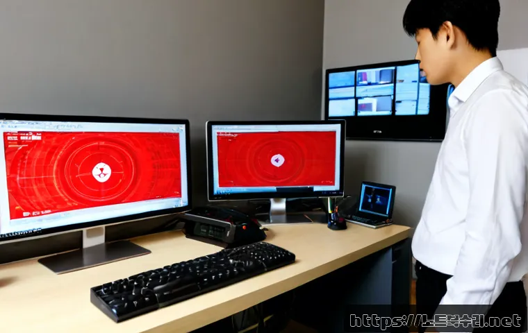 창곡동 SYSTEM_LICENSE_VIOLATION - Photorealistic IT support workstation in a modern apartment office near Chang-gok-dong, dual monitor...