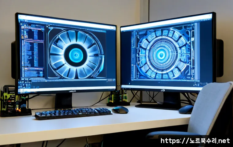 용답동 INVALID_KERNEL_HANDLE - Photorealistic IT support workstation in a compact Seoul apartment office, dual monitors showing abs...
