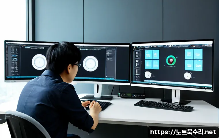 수내동 모니터화면 안나옴 - Photorealistic remote-support technician diagnosing a dual-monitor office workstation in Sunae-dong,...