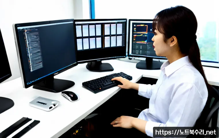 원곡면 자동복구 - Photorealistic software recovery workstation in a compact industrial office near Wongok-myeon, dual ...