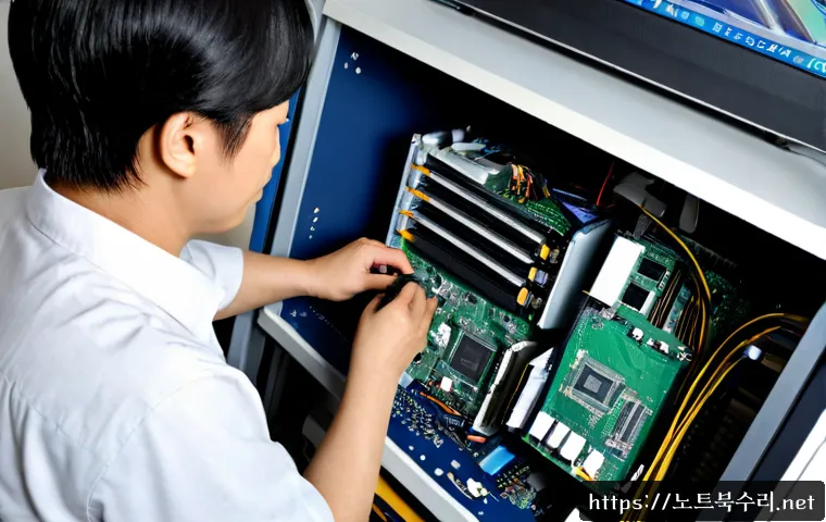 우장산 메인보드조립 및 교체수리 - Photorealistic computer repair workstation in Ujangsan, technician carefully installing a new mother...
