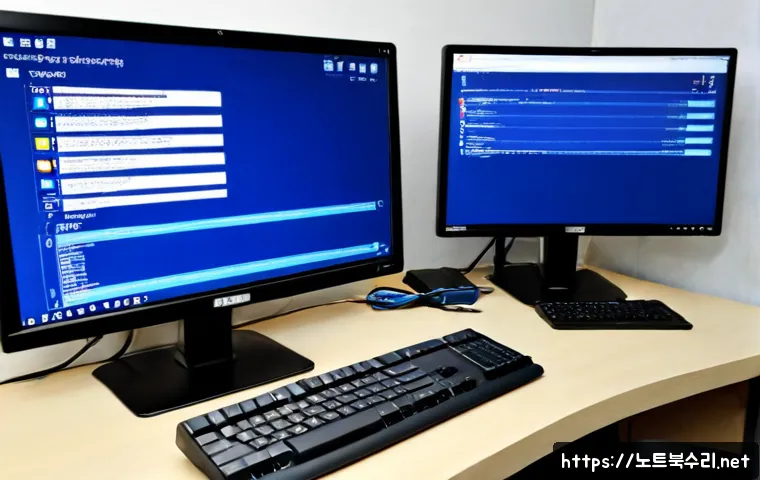 식사동 DRIVER_POWER_STATE_FAILURE - Photorealistic IT support workstation in Siksadong, Goyang, dual monitors showing a blank cobalt-blu...