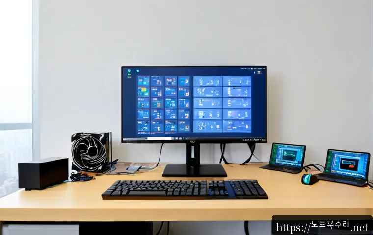 원흥동 NMI_HARDWARE_FAILURE - Photorealistic modern PC repair workstation in Wonheung-dong, opened desktop tower with disconnected...