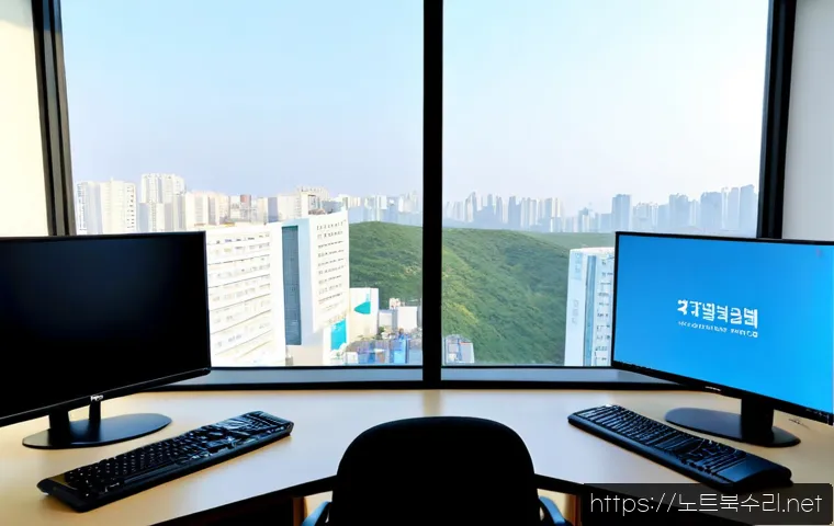 매교동 STATUS_KERNEL_FILE_SYSTEM_ERROR - Photorealistic IT support workstation in a Maegyo-dong apartment office, dual monitors showing a bla...