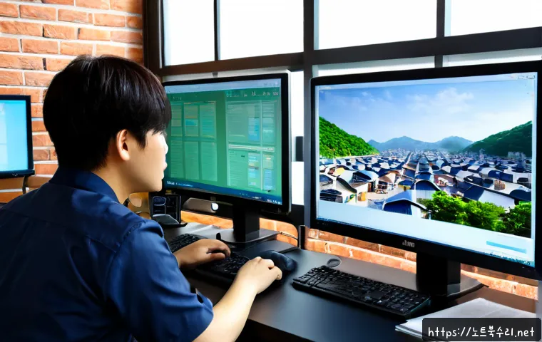 동화동 SESSION_HAS_VALID_VIEWS_ON_EXIT - Photorealistic IT support workstation in a compact Donghwa-dong office, dual monitors showing a clea...