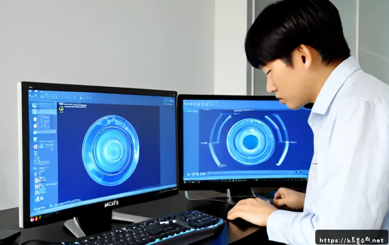 하상동 KMODE_EXCEPTION_NOT_HANDLED - Photorealistic remote-support workstation in Hasang-dong, dual monitors showing a frozen abstract bl...
