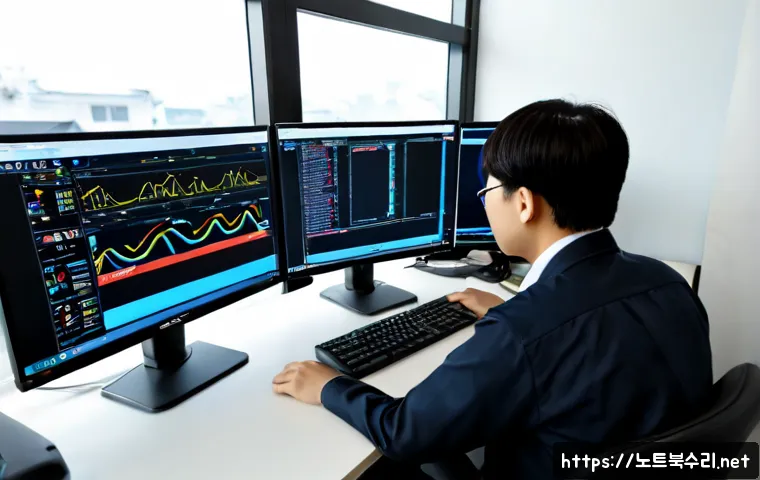 회덕동 STATUS_KERNEL_THREAD_FAILURE - Photorealistic IT support workstation in a compact Hoedeok-dong office, dual monitors showing abstra...