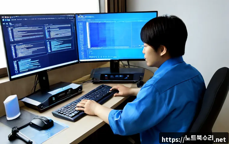 능곡동 STATUS_KERNEL_FILE_SYSTEM_ERROR - Photorealistic IT support workstation in a quiet Korean apartment district, dual monitors showing a ...