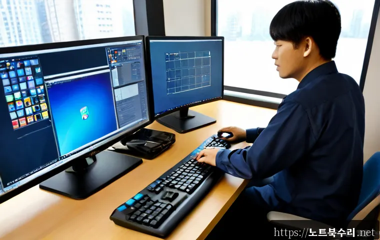 선주지동 STATUS_CONTROL_C_EXIT - Photorealistic software support workstation in a compact Korean-style office, engineer pressing a ke...