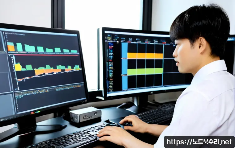 원곡면 MEMORY_MANAGEMENT - Photorealistic IT support workstation in a compact industrial office near Wongok-myeon, dual monitor...