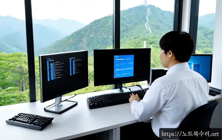 도봉구 STATUS_KERNEL_INIT_FAILURE - Photorealistic remote IT support workstation in a compact northern Seoul office, dual monitors showi...