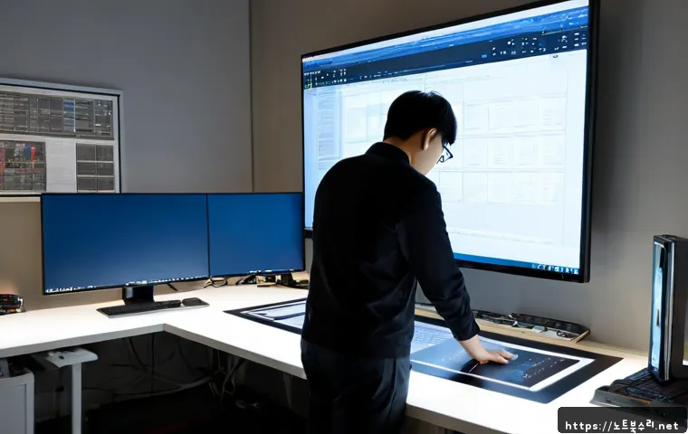 유동 STATUS_FILE_INVALID - Photorealistic software support workstation in a compact Gangnam design studio, engineer reviewing a...
