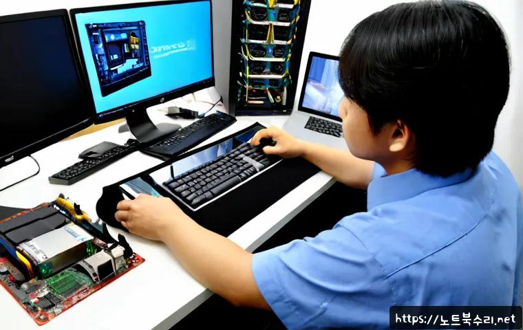 백현동 VGA조립 및 교체수리 - Photorealistic PC repair workstation in a modern Baekhyeon-dong apartment office, technician careful...