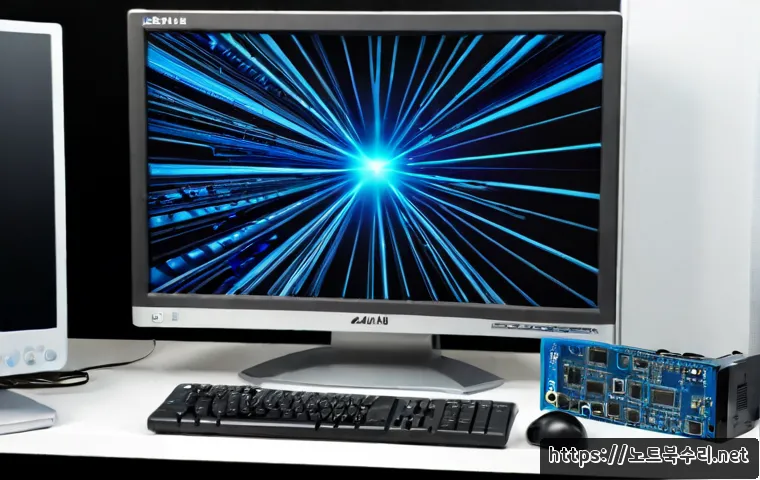 하면 KMODE_EXCEPTION_NOT_HANDLED - Photorealistic IT support workstation, a desktop monitor showing an abstract blue system crash scree...
