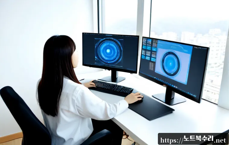 중산동 SYSTEM_THREAD_EXCEPTION_NOT_HANDLED - Photorealistic remote-support workstation in a modern apartment office, dual monitors showing a froz...
