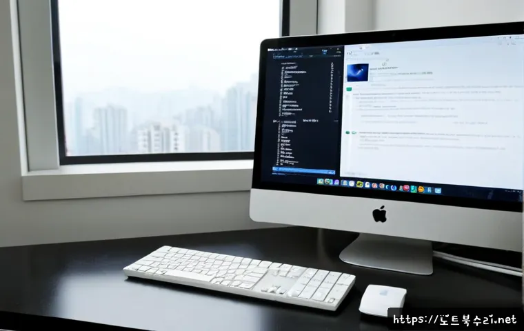 마평동 macosX재설치 포맷  초기화 - Photorealistic Apple-style desktop workstation in a quiet Mapyeong-dong apartment office, silver all...