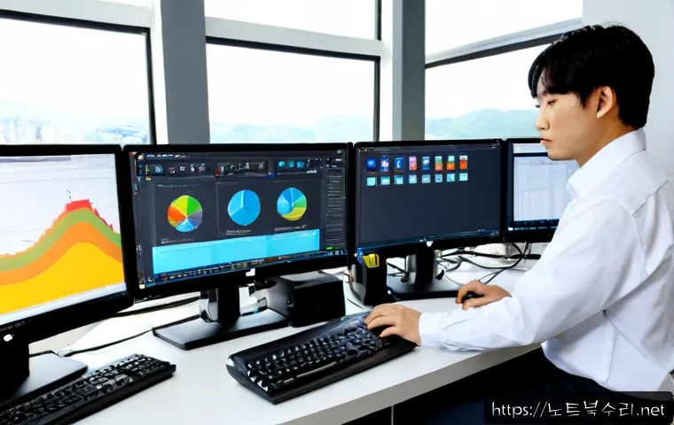 방산동 자동복구 - Photorealistic remote support workstation in Bangsan-dong, Seoul, dual monitors showing a clean unbr...