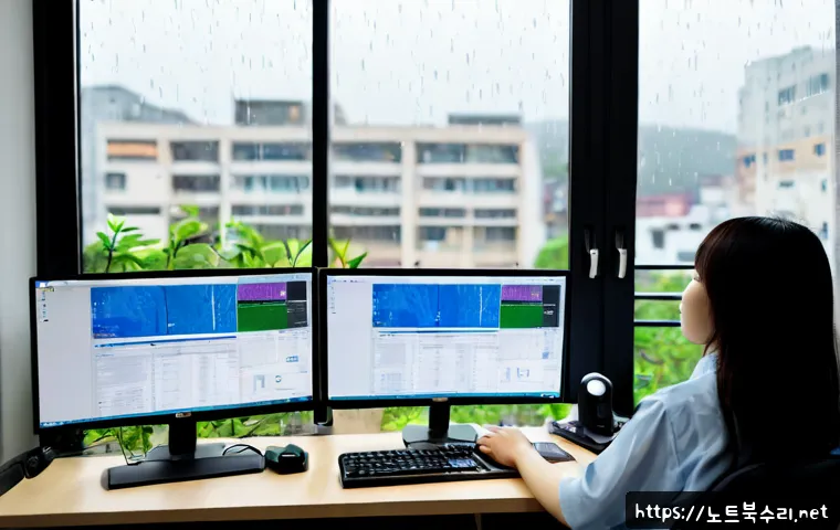 현석동 POOL_CORRUPTION_IN_FILE_AREA - Photorealistic IT support workstation in a compact Hyunseok-dong apartment office, dual monitors sho...