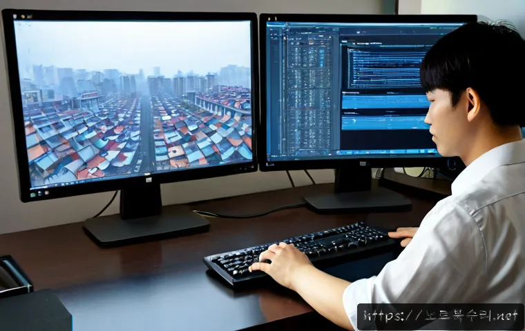 사간동 STATUS_KERNEL_PERMISSION_DENIED - Photorealistic IT support workstation in a quiet Seoul studio district, dual monitors showing abstra...