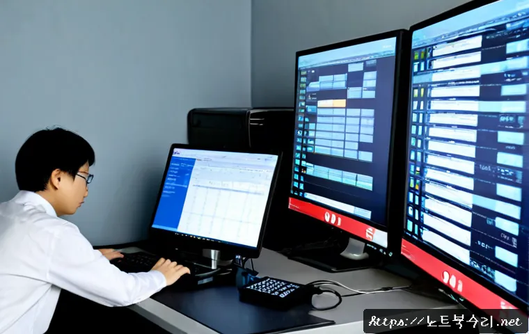 공항동 STATUS_FLOAT_DIVIDE_BY_ZERO - Photorealistic IT support workstation near a quiet airport-side district, dual monitors showing a bl...