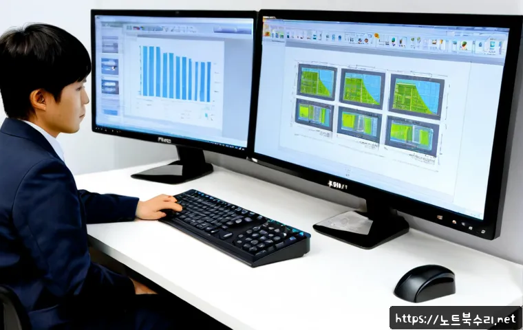 도화동 STATUS_MODULE_ACCESS_DENIED - Photorealistic architectural workstation in a compact Mapo district office, dual monitors showing a ...