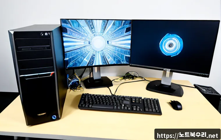 가현동 DRIVER_CAUSED_SYSTEM_CRASH - Photorealistic IT support workstation in a compact Korean office near Gahyeon-dong, dual monitors sh...