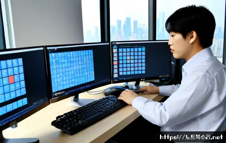 금암동 STATUS_KERNEL_THREAD_FAILURE - Photorealistic IT support workstation in a modern Korean office, dual monitors showing a blank cobal...