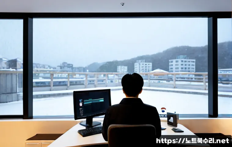 동백동 프로그램응답없음 - Photorealistic modern home-office workstation in Dongbaek-dong, a frustrated professional facing a f...