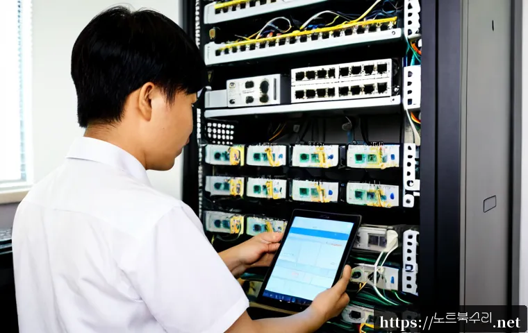 금광동 서버출장방문수리점 - Photorealistic server technician performing an onsite repair in a compact Geumgwang-dong office, ope...