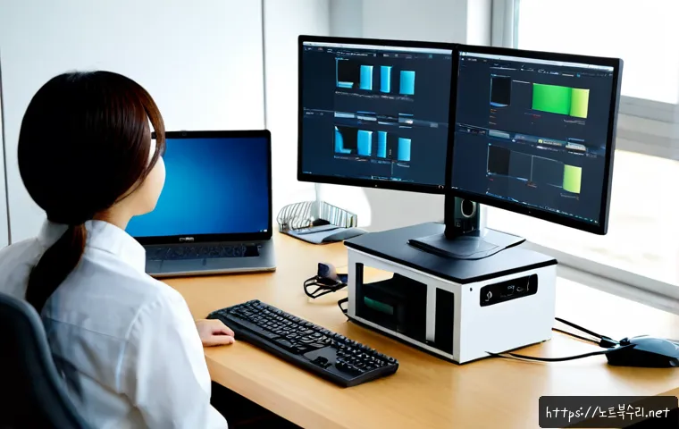 대곶면 INVALID_KERNEL_HANDLE - Photorealistic remote support workstation in a quiet coastal industrial office, dual monitors showin...