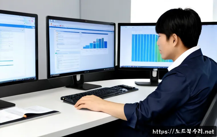세마동 STATUS_FILE_NOT_FOUND - Photorealistic IT support workstation in a modern Sema-dong office, dual monitors showing a clean fi...