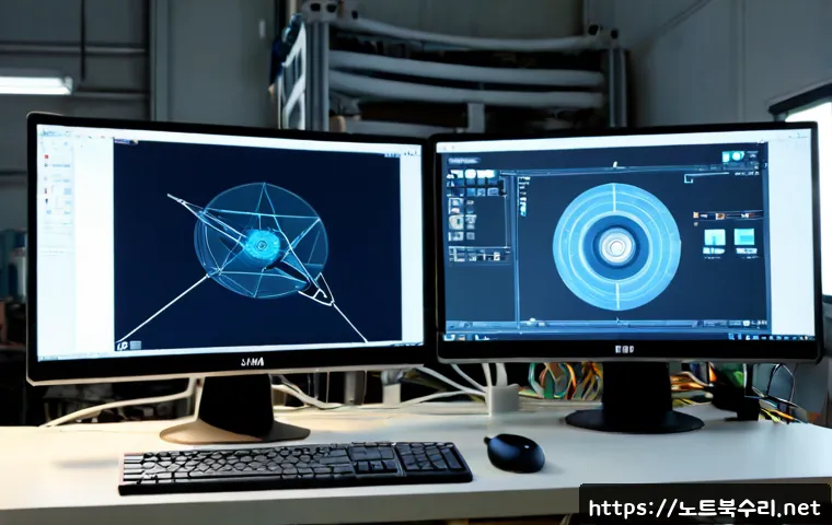 사노동 DEVICE_DRIVER_MISMATCH - Photorealistic industrial design workstation in a quiet Korean suburban workshop district, dual moni...