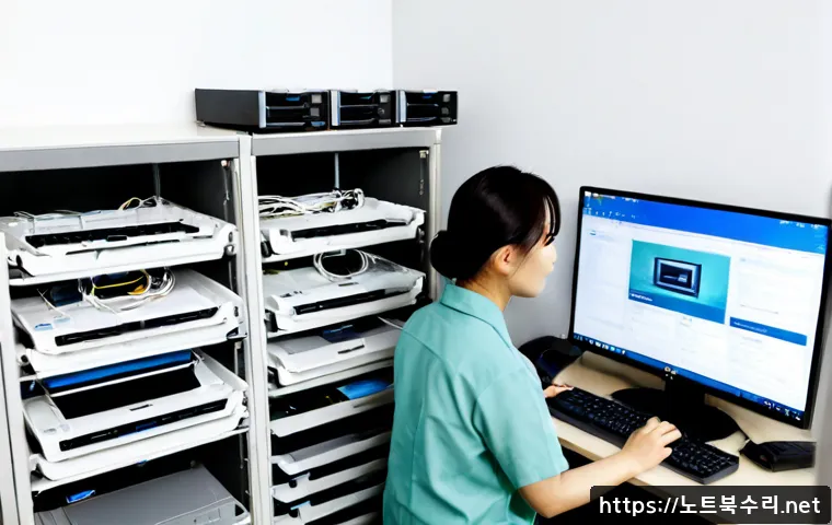송중동 파일서버출장방문수리점 - Photorealistic on-site file server repair inside a compact Seoul residential office, technician in n...