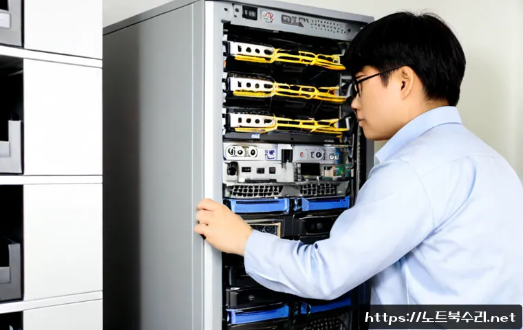 궐동 server출장방문수리점 - Photorealistic onsite server repair inside a compact office near Gweol-dong, skilled technician repl...