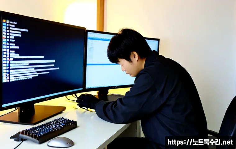 내동 INTERNAL_POWER_ERROR - Photorealistic IT support workstation in a compact Naedong apartment office, desktop tower opened be...