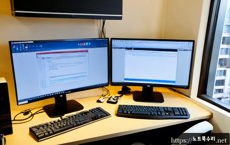 봉익동 PROCESS_HAS_LOCKED_PAGES - Photorealistic IT support workstation in a compact Bongik-dong studio office, dual monitors showing ...