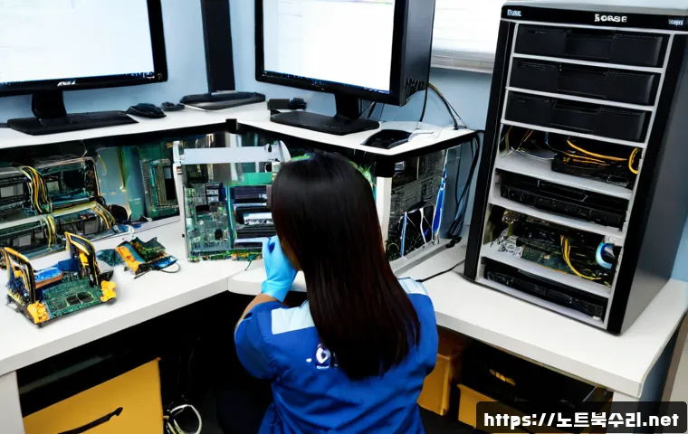 산곡동 메모리조립 및 교체수리 - Photorealistic computer repair workstation in a compact Sangok-dong apartment office, technician wea...