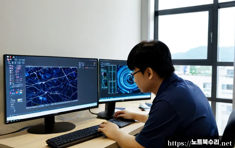 일신동 STATUS_KERNEL_DATA_CORRUPTION - Photorealistic IT support workstation in Ilsin-dong, Incheon, dual-monitor office desk with one disp...