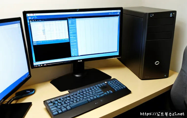 물왕동 STATUS_MEMORY_ACCESS_DENIED - Photorealistic IT support workstation in a quiet Mulwang-dong style residential office, dual monitor...