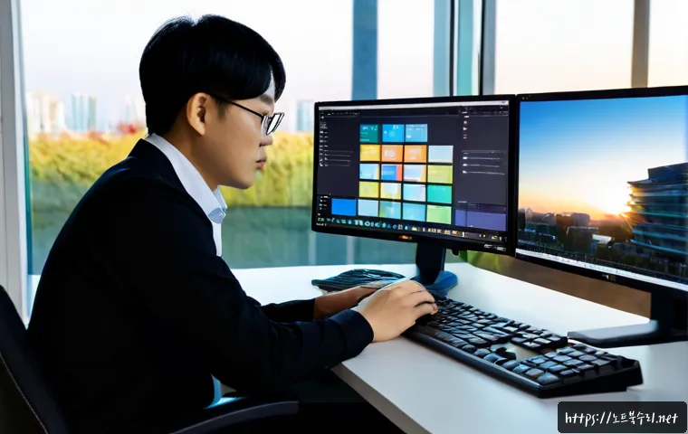 판교동 STATUS_DISK_CORRUPTION - Photorealistic modern Pangyo office workstation at dawn, dual monitors showing a clean unbranded CAD...
