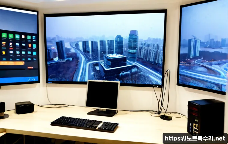 자양동 STATUS_KERNEL_CONNECTION_TIMEOUT - Photorealistic IT support workstation in a modern Jayang-dong apartment office, dual monitors showin...
