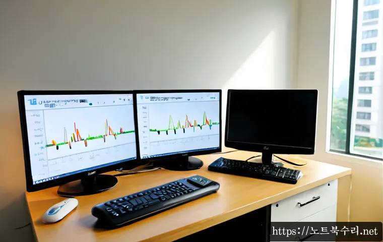 양화동 USER_MODE_HEALTH_MONITOR - Photorealistic remote health-monitoring workstation in a quiet Yanghwa-dong apartment, dual displays...